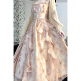 Dizzy Printing Fairy Lace Temperament Waist Lotus Side Sling Skirt Girl Summer Fairy Dress Open Shirt Two Sets