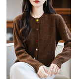 100% Pure Wool 2026 Autumn And Winter New Women's Loose Round Collar Color Buckle Thick Knitted Cardigan Jacket