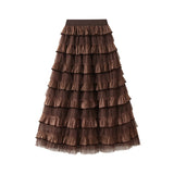 Autumn And Winter New French Gentle Design Lotus Leaf Side Mesh Cake Half-Body Unkempt Dress Woman 0302