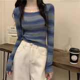 Crash Striped Long-Sleeved Knitted Shirt Women Autumn Design Sense Of Small Slim Slimming Short Chic On The Dress