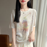 Bamboo Syringe 2026 Spring And Summer Women's New High-End Water-Soluble Printing Round Collar Knitting Short-Sleeved Loose Thin T-Shirt