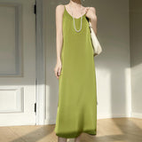 Silk Satin 2026 Spring And Summer New Women's V-Neck Long Dress Solid Color Temperament Adjustable Long Dress Sleeveless Sleeveless Sling