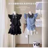 College Style Small Flying Sleeve Bow Striped Shirt Female Summer Design Sense Small Poneng Short Skirt Two Sets
