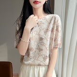 Bamboo Syringe 2026 Spring And Summer Women's New High-End Water-Soluble Printing Round Collar Knitting Short-Sleeved Loose Thin T-Shirt