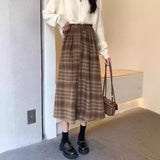 Autumn And Winter Folding Skirt Curry Lattice Half Skirt Girl Long High-Waisted A Small Man Big Umbrella Skirt