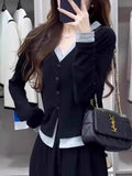 Black Fake Two V-Neck Long-Sleeved T-Shirt Women Autumn Korean Slimmed Bottom Shirt Design Feel Thin Top