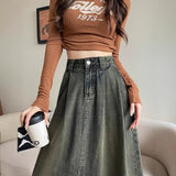 Cement Ash Fork Cowboy Dress Girl Autumn Winter High-Waisted A Word Shading Pear Shape Medium Long Skirt