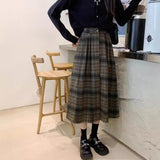 Autumn And Winter Folding Skirt Curry Lattice Half Skirt Girl Long High-Waisted A Small Man Big Umbrella Skirt