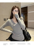 Autumn And Winter New V-Neck With T-Shirt Women's Long-Sleeved Bottom Shirt Slimming Waist Blouse