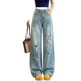 Designing Light Blue To Make Old Ripped Jeans Women's Summer High Street Broad-Legged Trousers Cool Breeze Straight Trousers