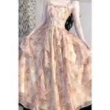 Dizzy Printing Fairy Lace Temperament Waist Lotus Side Sling Skirt Girl Summer Fairy Dress Open Shirt Two Sets
