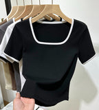 Black T-Shirt Women's Short-Sleeved Collar 2026 New Summer Color Niche Design Sense Hit The Bottom Of The Top Of The Shirt