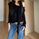 Fat Sister Hottie Wind Lotus Leaf Side Shoulder Long-Sleeved T-Shirt Girl Spring New Design Feel Shoulder Pure Desire Top