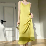 Silk Satin 2026 Spring And Summer New Women's V-Neck Long Dress Solid Color Temperament Adjustable Long Dress Sleeveless Sleeveless Sling