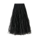 Autumn New Wavy Fairy Mesh Yarn Leaf Side Skirt High Waist A-Word Swing Dress Women's Half-Dress 0961