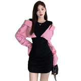 Early Autumn Dress High-End Stitching Fake Two Side-Shoulder Dress Women Design Small Body-Bodying Ass Shirt Skirt