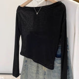 2025 Thin White Slanted Shoulder Loose Hoodie Women's High-Grade Feeling Pure Word Shoulder Long-Sleeved T-Shirt On The Shoulder