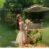 2026 New Broken Flower Dress Women's Spring And Summer Sweet Collarbone Bubble Sleeves To Close The Waist Thin Super Fairy Short-Sleeved Skirt