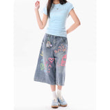 Dopamine Wears Graffiti Cowboy Sevens Women's Summer Broad Legs Mids Loose Straight Street Casual Shorts