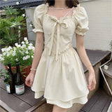 Bubble Sleeve Square Dress Women's Spring And Summer 2025 New Gentle Wind With Wooden Ears To Close The Waist Short-Sleeved A Skirt