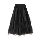 2025 Spring New High-Waisted Lotus Leaf Side Splicing Mesh Dress Half-Dress Woman's Long-Term Large Folding Skirt 0889