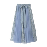 2025 Spring Dress New Bow Tie With High-Waisted Lace Embroidery Splicing Mesh Dress Skirt 8825