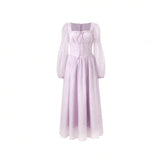 2026 Square Collar Long-Sleeved Purple Long Dress Women's Summer French Retro Gold Style Waist Skirt