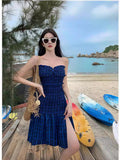 Blue Lattice Tset Dress Women's Summer Vacation Sexy Open Fork Dress Beautiful Dress Seaside Skirt