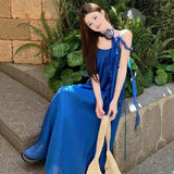 2026 New Seaside Vacation Wearing Klein Blue Sling Dress Women's Summer French Waist Dress