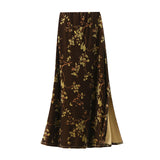 Elegant Temperament Print Velvet Skirt Autumn National Style Retro Flower High Waist Thin A Word Long Dress 99951