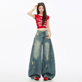 Breaking Hole Scissor Jeans Women Autumn And Winter New High-Waist Design Water Wash Contour Shape Loose Broad Leg Trousers
