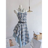 Blue Tie-Tling Sling Dress Women's Summer Design Feeling Waist Thin Splicing Irregular Skirt