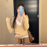 Fake Two New Autumn V-Neck Knitted Shirt Women Design Feel Solid Color Inside The Long Sleeve Bottom Top