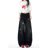 Black Star Print Wide-Legged Scissors Jeans Women Autumn New Niche Design Sense Loose Water Wash Trousers