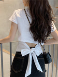Design Sense Short-Sleeved T-Shirt Women's Summer 2025 New Korean Version Of Pure-Bout Hot Girl Bare Back Bow Short Top Tide