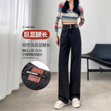 Covered With Velvet Broad-Legged Jeans Women's Autumn And Winter Rough Legs Wide Hooded Black Gray High-Waisted Straight Trousers