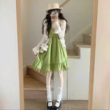 Bohemian Two-Piece Green Tuxedo Sleeveless Sling Dress Woman Summer Dopamine Skirt