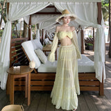 Beach Holiday Set French Pure Desire Pale Yellow Shoulder Lotus Leaf Short Top High Waist Half Body Skirt Two Sets