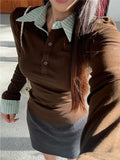 Design Sense Of Color Stitching Collar Temperament Long-Sleeved T-Shirt Girl Autumn Slimming Topie Topie