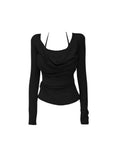 Black Hanging Neck Fake Two Folding Long-Sleeved T-Shirt Girl Spring New Hot Girl Pure Style Repair Bottom Shirt Top