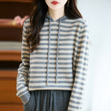 100% Pure Wool 2026 Autumn And Winter New Women's Loose Hooded Hooded Striped Knitted Sweater