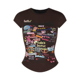 Cartoon Print Short Sleeves Front Shoulder T-Shirt Girl Summer New Body Repair Small Man Waist Tight Short Round Collar Top