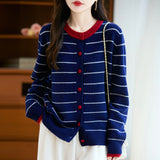 100% Pure Wool 2026 Autumn And Winter New Women's Loose Round-Collar Striped Buckle Knitted Open Shirt Coat