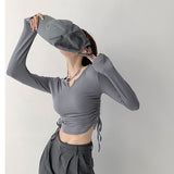 Designing The Babes On Both Sides Of The Drawstring Folds Small V-Neck Long-Sleeved T-Shirt Girl Elastic Repair Slim Short Umbilical Top