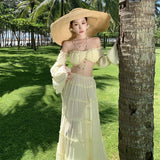 Beach Holiday Set French Pure Desire Pale Yellow Shoulder Lotus Leaf Short Top High Waist Half Body Skirt Two Sets