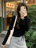 Autumn Long-Sleeved T-Shirt Women Thin Bottom Shirt Drawstrings With Bottom Shirt Slim Slim Thin Short Top