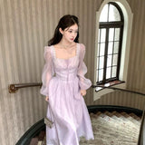 2026 Square Collar Long-Sleeved Purple Long Dress Women's Summer French Retro Gold Style Waist Skirt