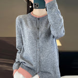 Fine-Woven Wool 2026 Autumn And Winter Women's New Loose Round-Neck Color Short Fake Two Bottom Blouse Knitted Open Shirt