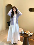 Two / Suit Commuting Texture Sleeveless Dress Dress Female + Purple Hollow Knit Long-Sleeved Coat Temperament