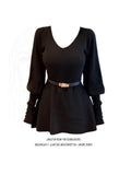 Fat MM Black V-Neck Waist T-Shirt Women's Autumn And Winter New Long Sleeves Threum Thin Tops Winter Japanese Korean Retro Wear